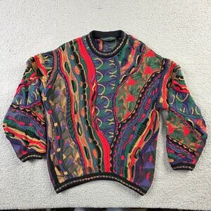 Tundra Canada 3D Chunky Knit Sweater Multi Color Abstract 90s Coogi Style Mens L